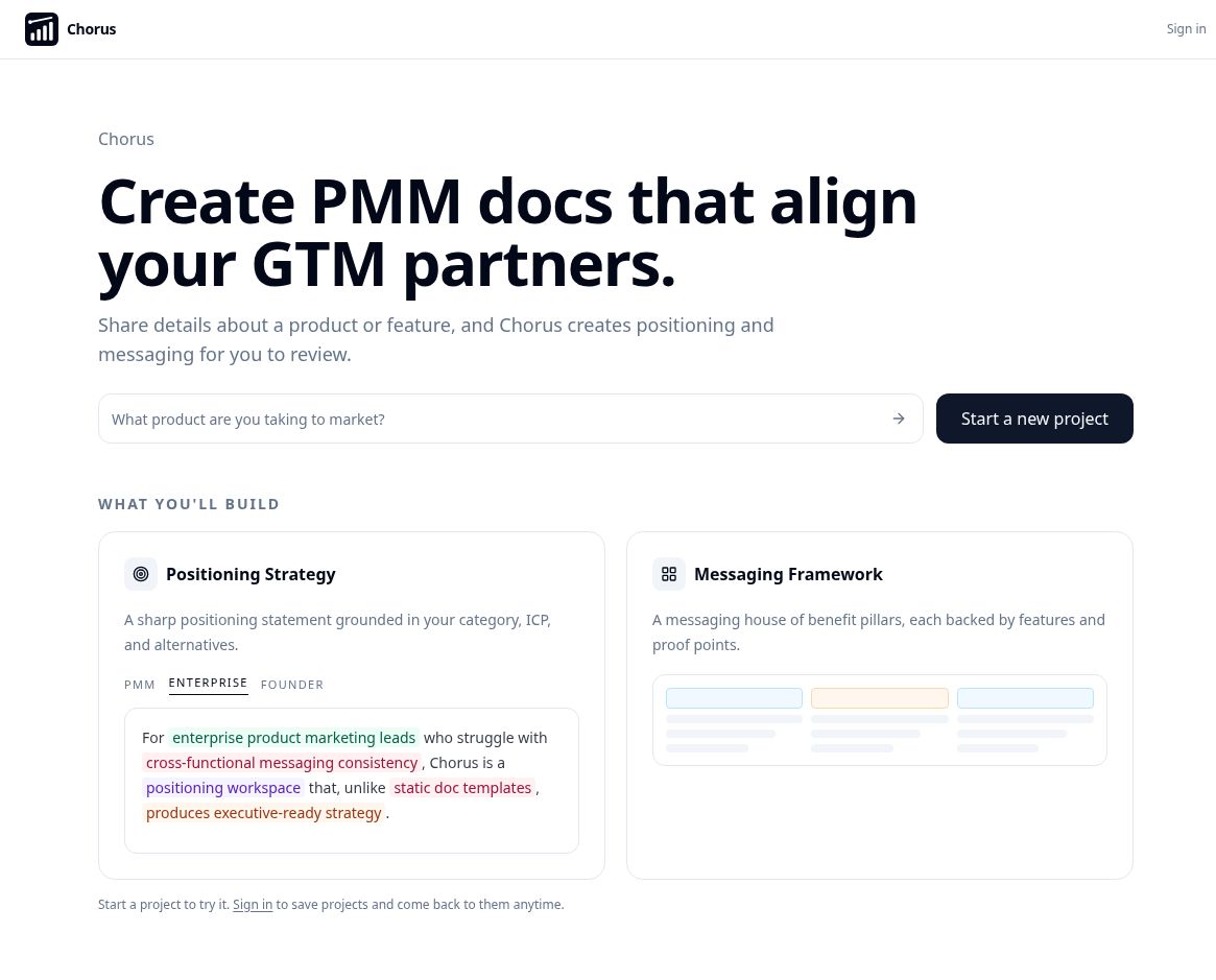 Chorus homepage showing a product brief input, Positioning Strategy, and Messaging Framework