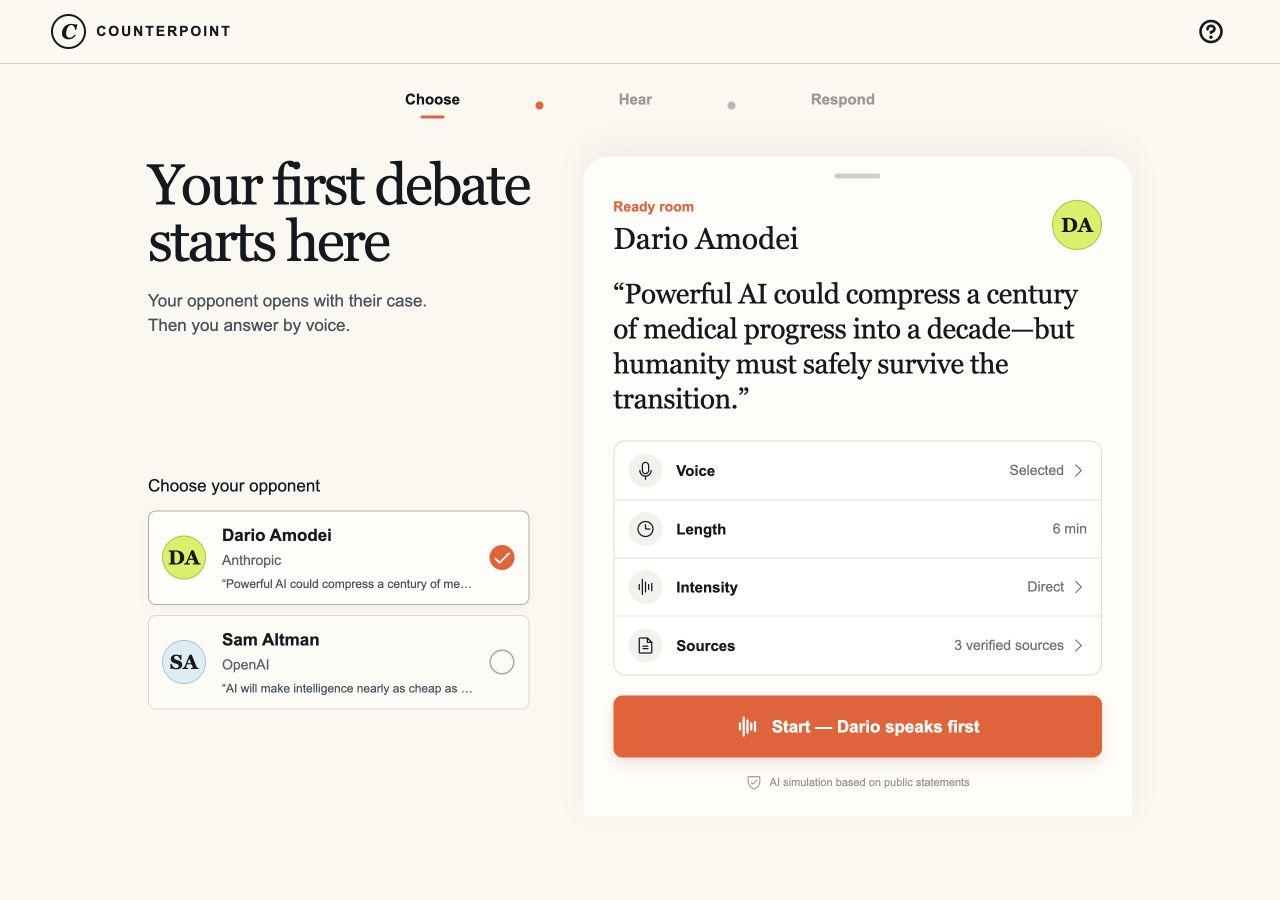 Counterpoint beta: choose a simulated Dario Amodei or Sam Altman opponent and configure voice, length, and intensity in the ready room